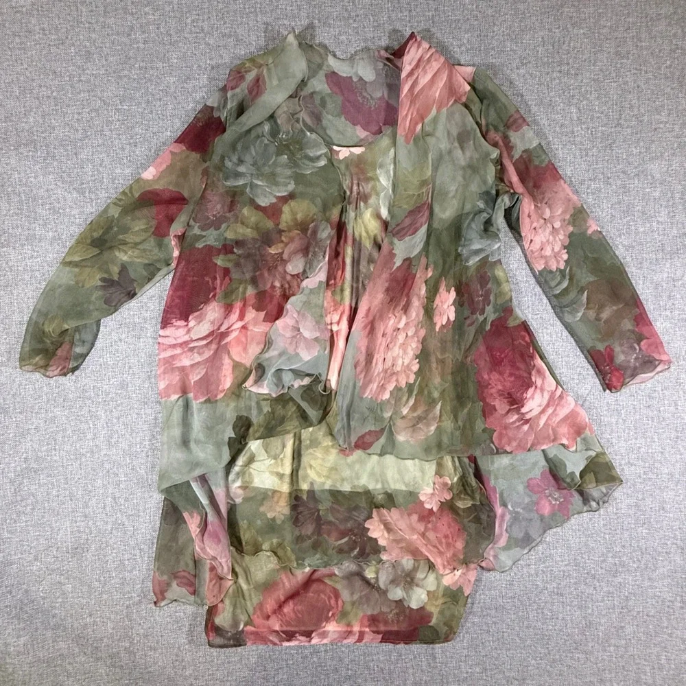 VTG Jeffrey & Dara Floral Dress Jacket Set Womens 6 Green Pink Fairycore Evening